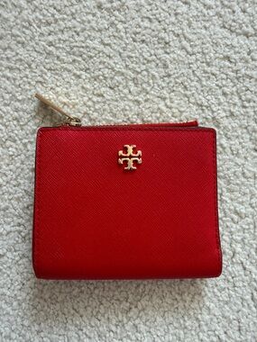 Tory Burch Red Saffiano Leather Zip-Around Wallet with Gold Logo